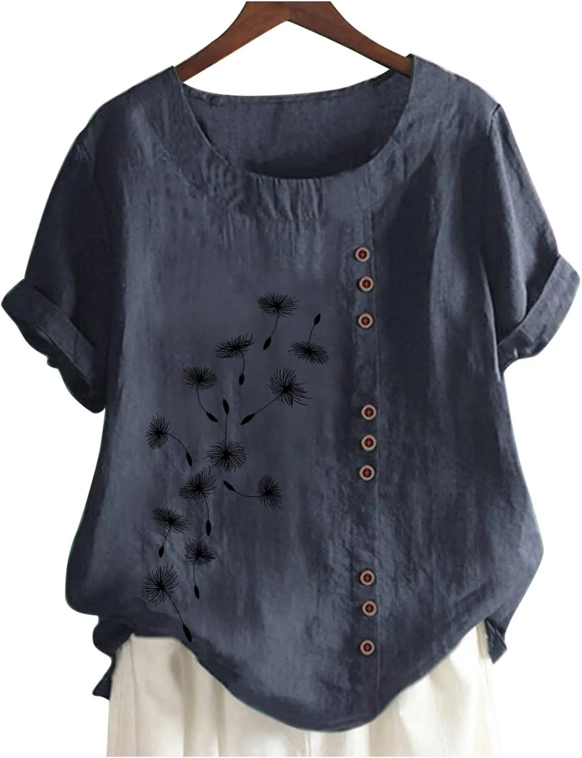 Short Sleeve Casual Shirts for Women Flower Print Button Crew Neck Cotton Linen Top 2023 Fashion Office Work Blouse