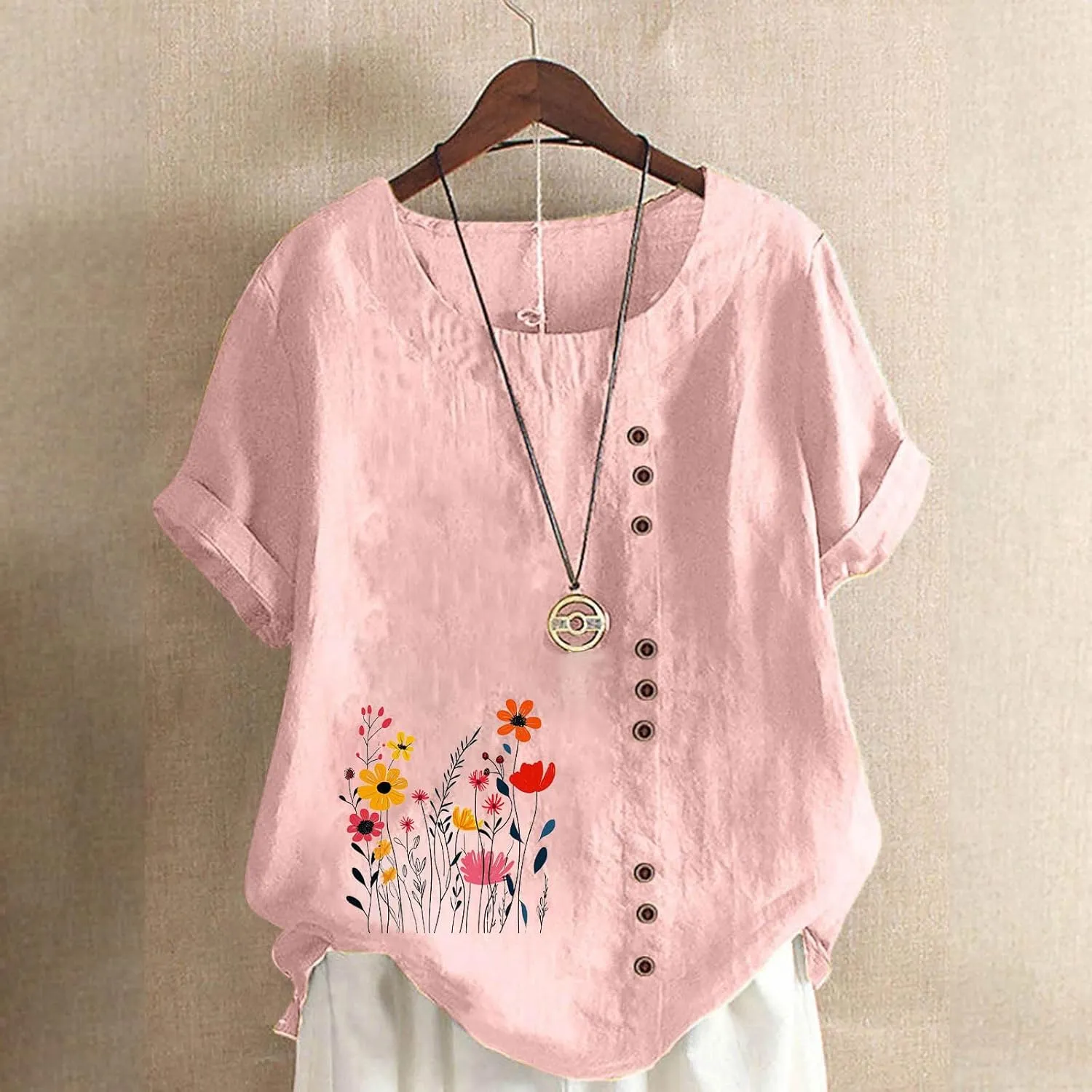 Short Sleeve Shirts for Women Fashion Flower Print Relaxed Fitted Crewneck Loose Size Tops Causal Lightweight Blouse