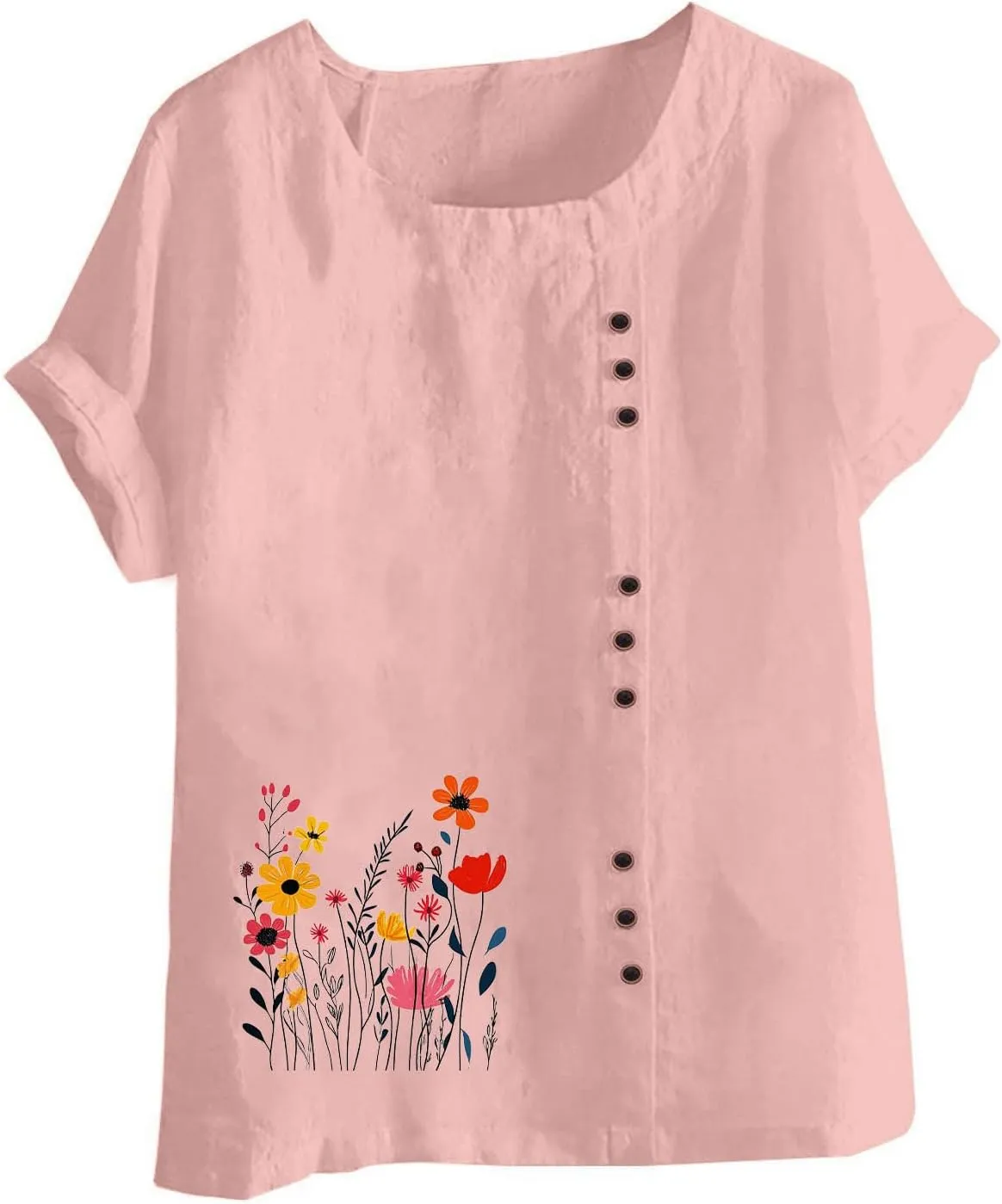 Short Sleeve Shirts for Women Fashion Flower Print Relaxed Fitted Crewneck Loose Size Tops Causal Lightweight Blouse