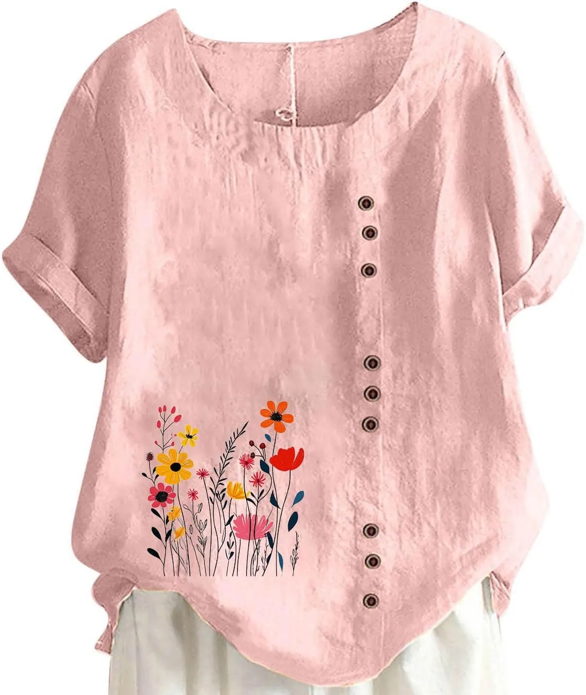 Short Sleeve Shirts for Women Fashion Flower Print Relaxed Fitted Crewneck Loose Size Tops Causal Lightweight Blouse