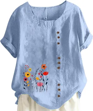 Short Sleeve Shirts for Women Fashion Flower Print Relaxed Fitted Crewneck Loose Size Tops Causal Lightweight Blouse