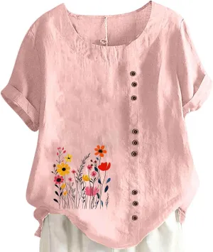 Short Sleeve Shirts for Women Fashion Flower Print Relaxed Fitted Crewneck Loose Size Tops Causal Lightweight Blouse