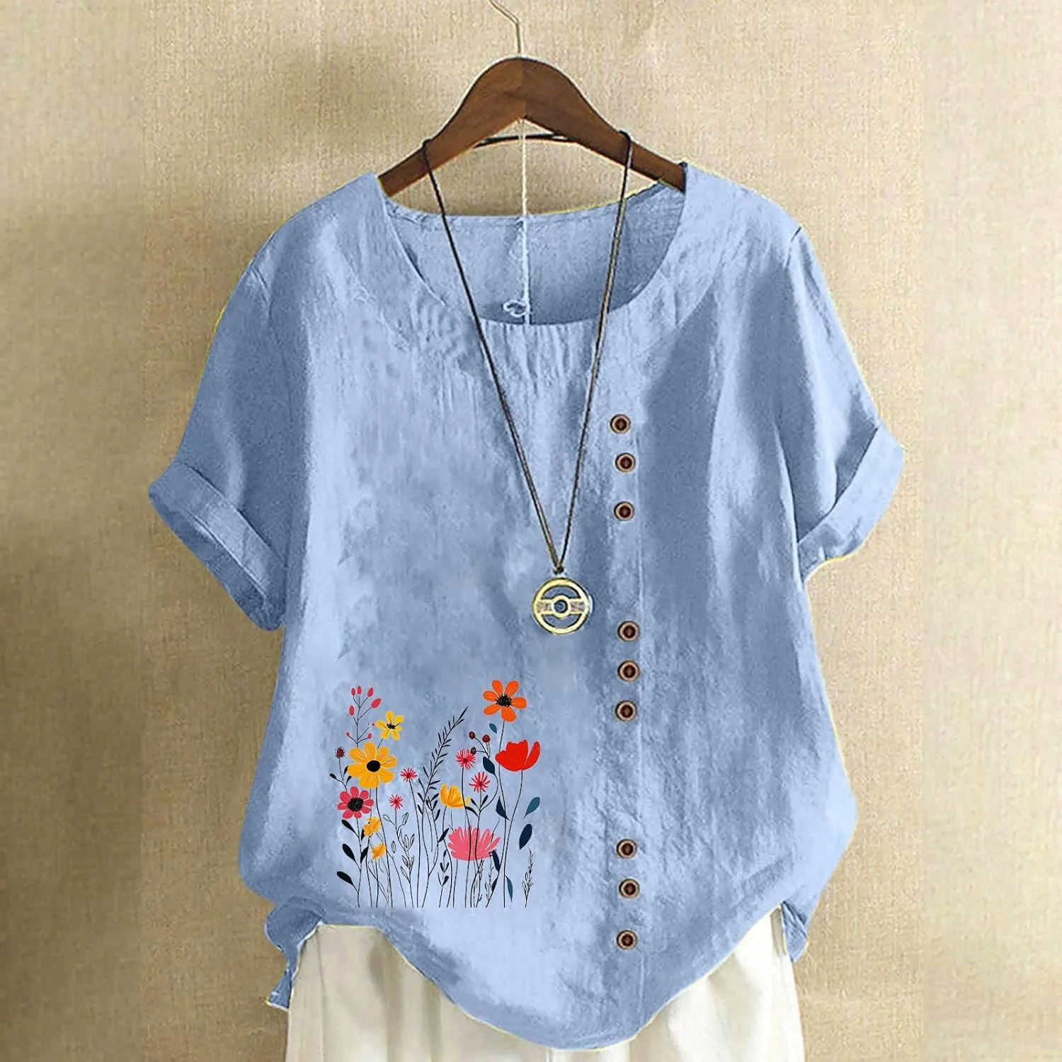 Short Sleeve Shirts for Women Fashion Flower Print Relaxed Fitted Crewneck Loose Size Tops Causal Lightweight Blouse