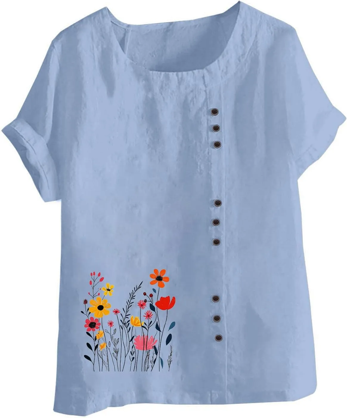 Short Sleeve Shirts for Women Fashion Flower Print Relaxed Fitted Crewneck Loose Size Tops Causal Lightweight Blouse