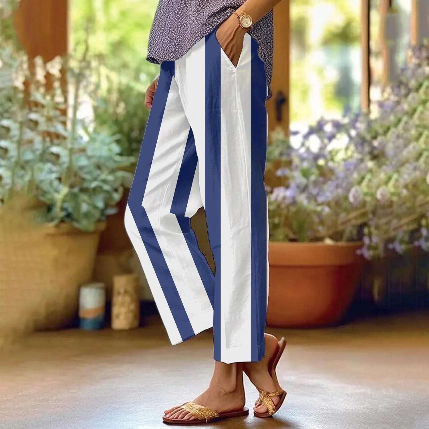 Side Stripe Pants Women for Beach Vacation Clothes for Women 2025 Linen Straight Leg Elastic Waist with Pockets