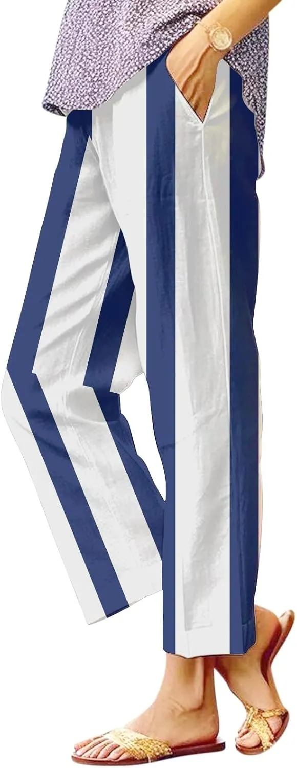 Side Stripe Pants Women for Beach Vacation Clothes for Women 2025 Linen Straight Leg Elastic Waist with Pockets