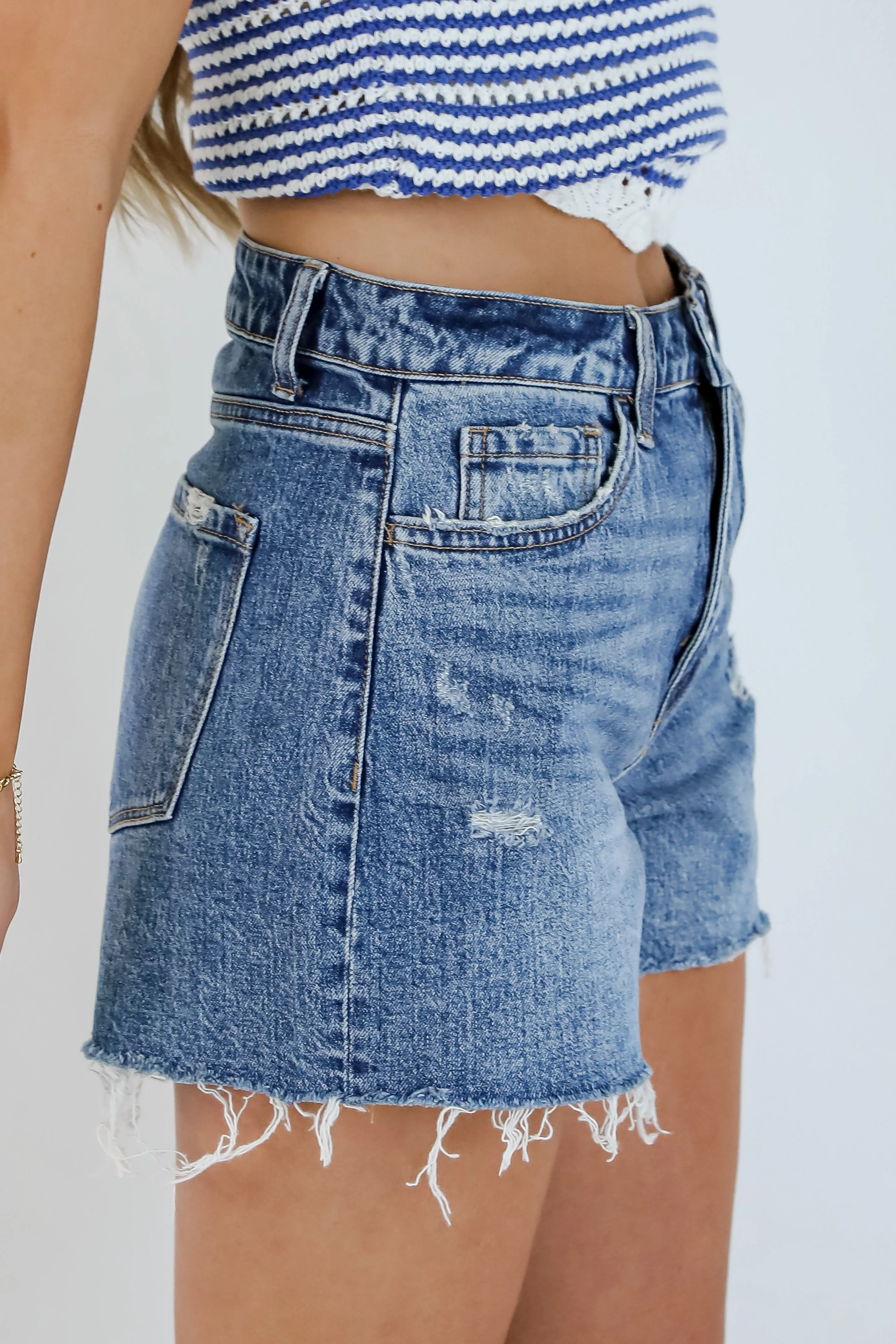 Sienna Medium Wash Super High-Rise Distressed Denim Shorts