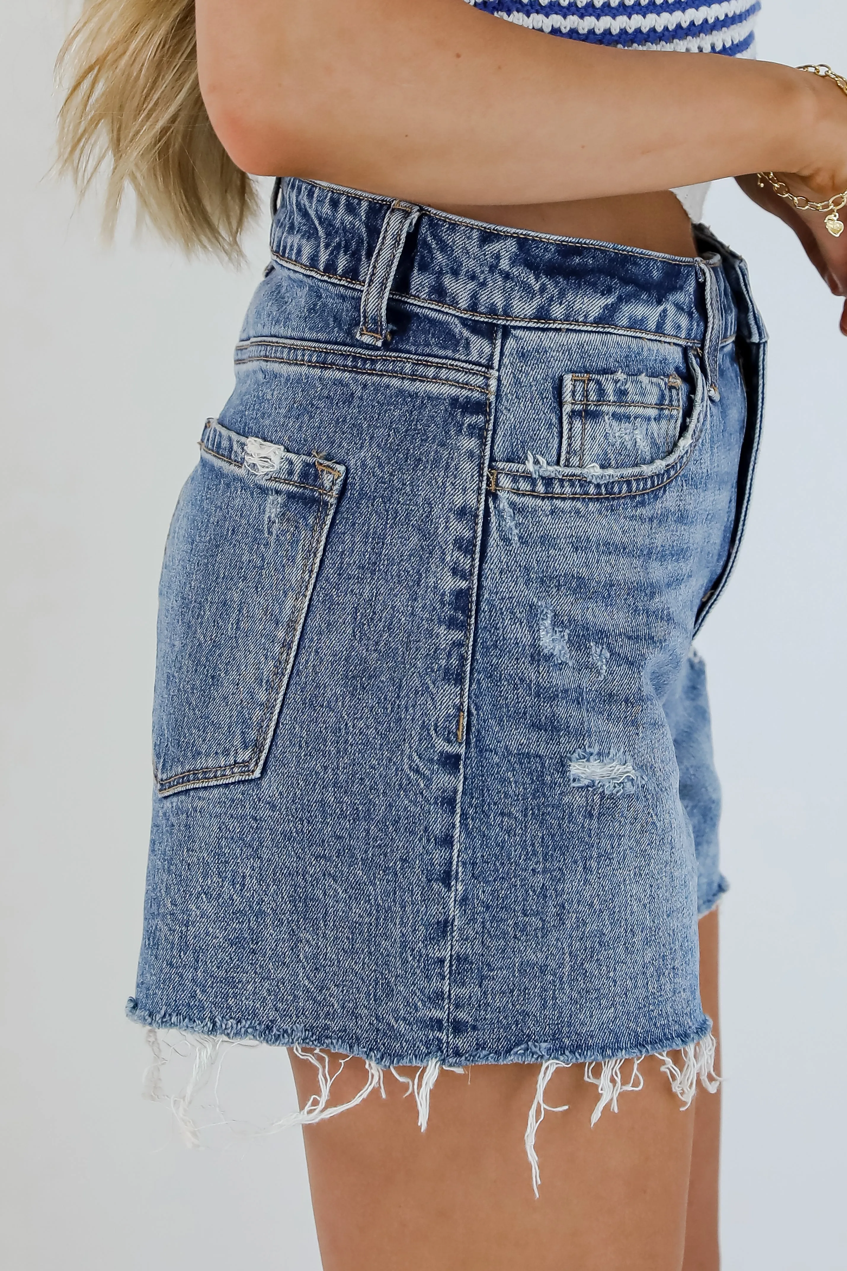 Sienna Medium Wash Super High-Rise Distressed Denim Shorts