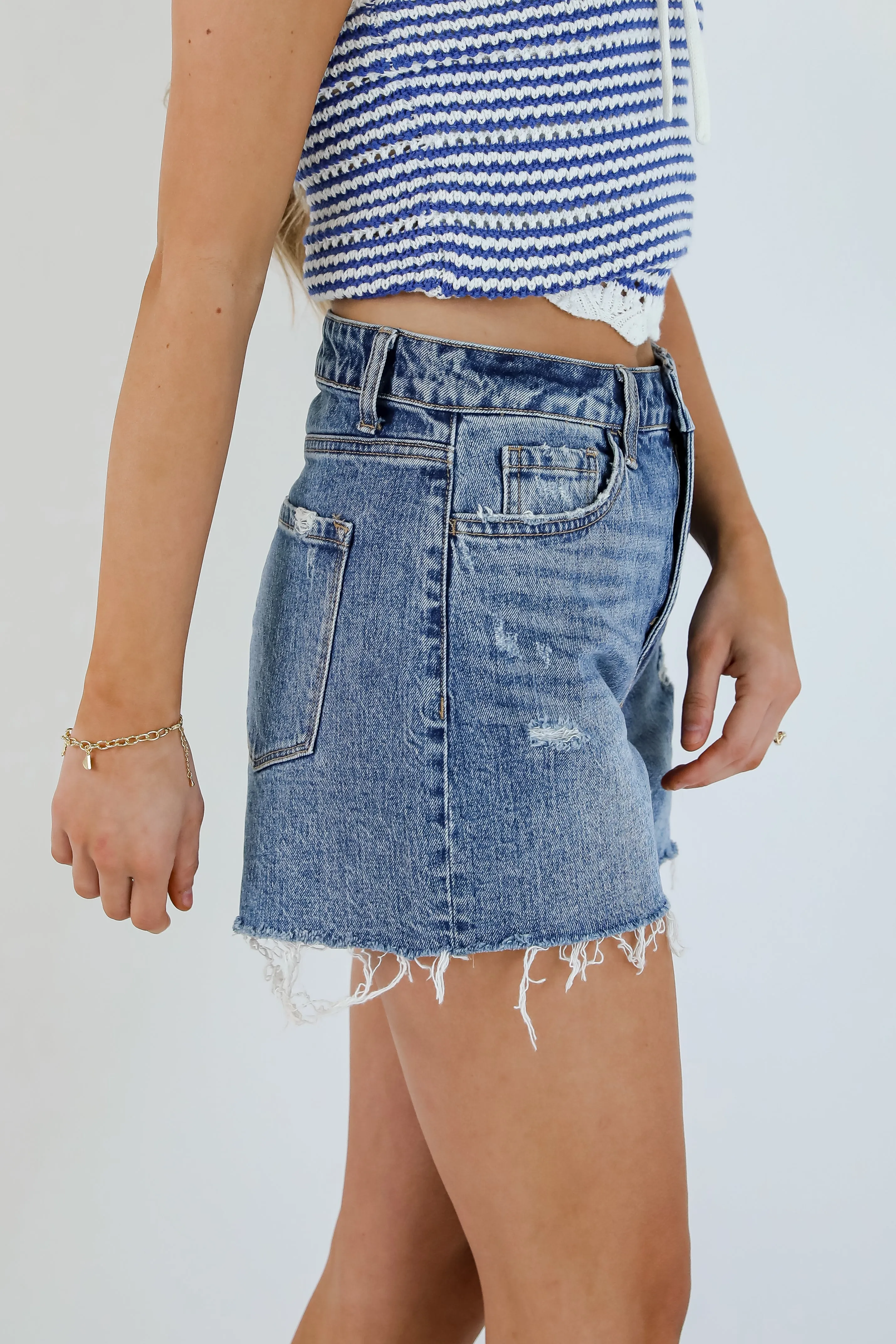 Sienna Medium Wash Super High-Rise Distressed Denim Shorts