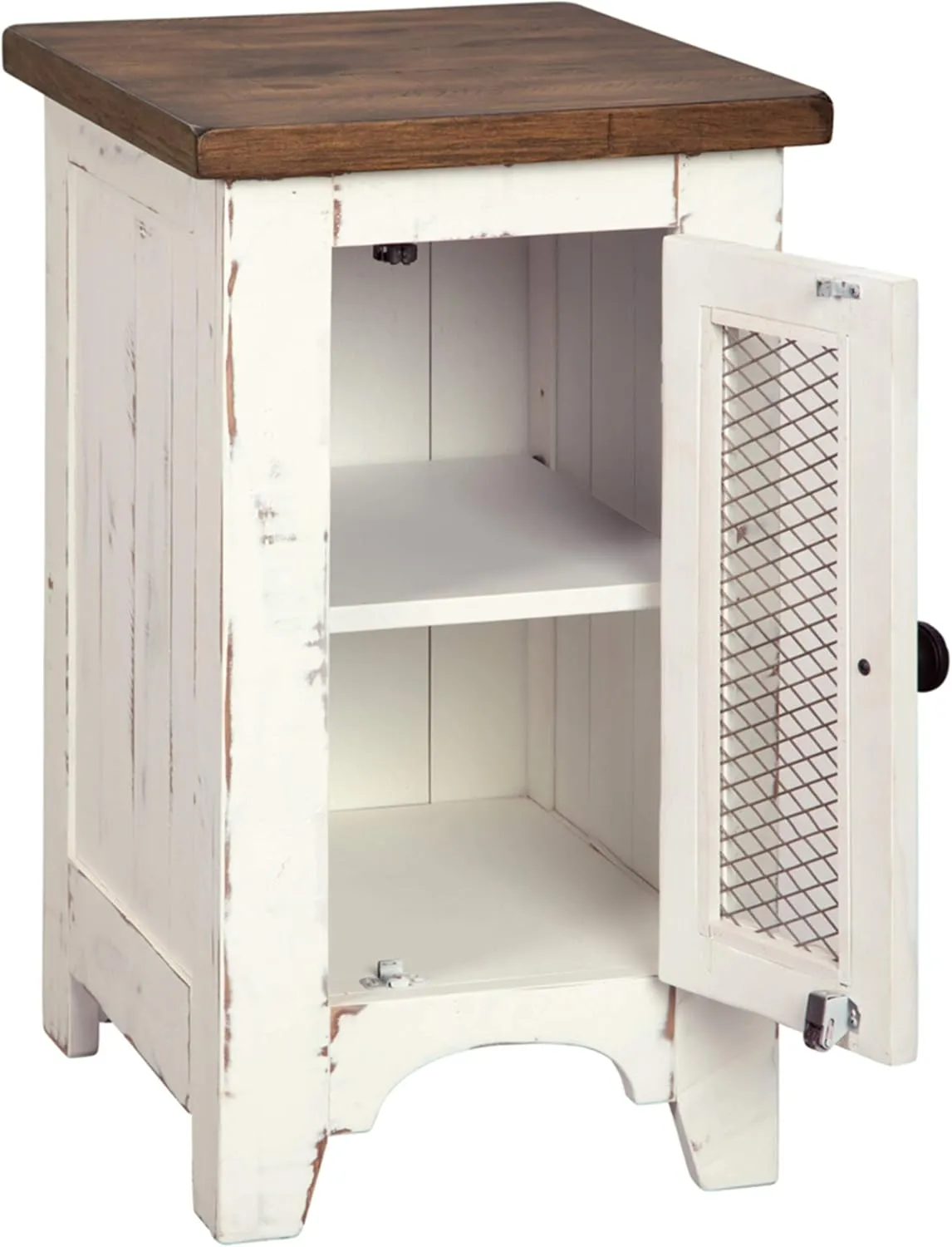Signature Design by Ashley Wystfield Farmhouse Chair Side End Table with Cabinet Door for Storage, White & Brown with Distressed Finish