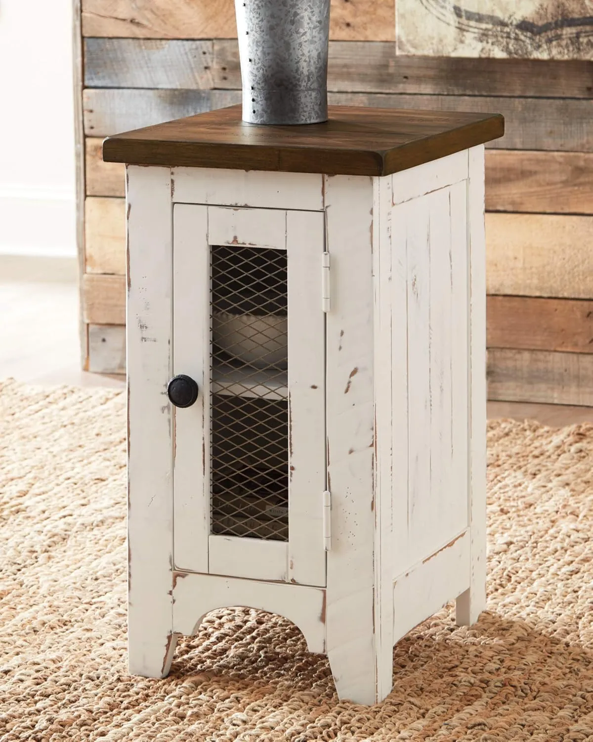 Signature Design by Ashley Wystfield Farmhouse Chair Side End Table with Cabinet Door for Storage, White & Brown with Distressed Finish