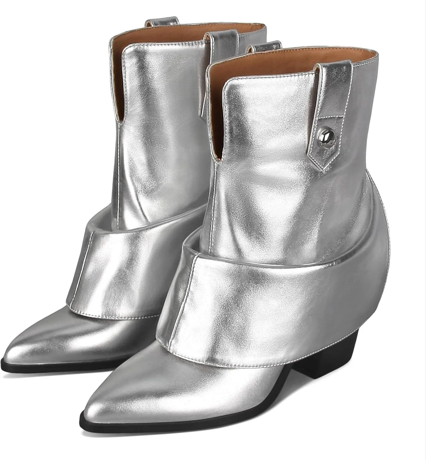 Silver Mid Calf Boots Statement Design Metallic Cowboy Style 8CM Block Heel Faux Leather Stylish Western Look for Party and Streetwear