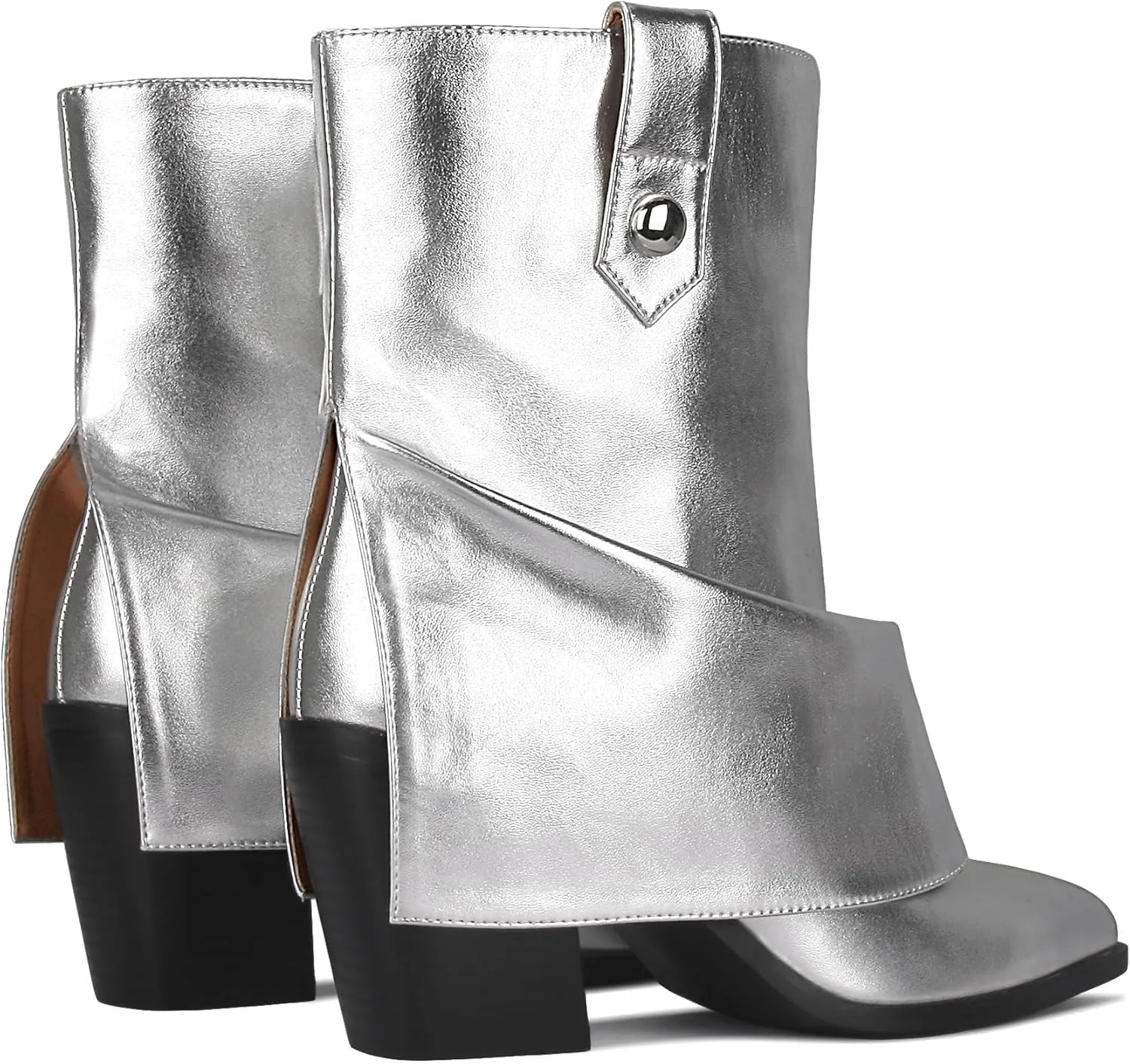 Silver Mid Calf Boots Statement Design Metallic Cowboy Style 8CM Block Heel Faux Leather Stylish Western Look for Party and Streetwear