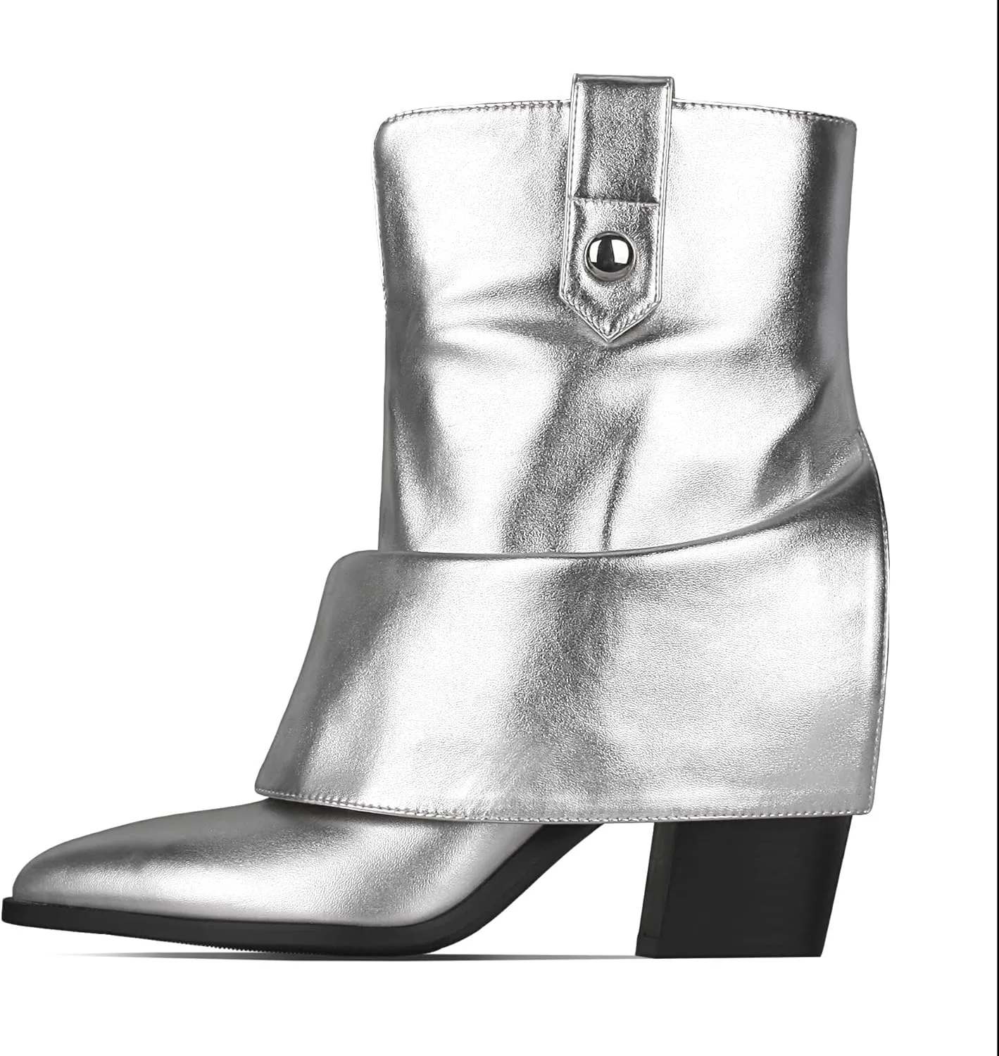 Silver Mid Calf Boots Statement Design Metallic Cowboy Style 8CM Block Heel Faux Leather Stylish Western Look for Party and Streetwear