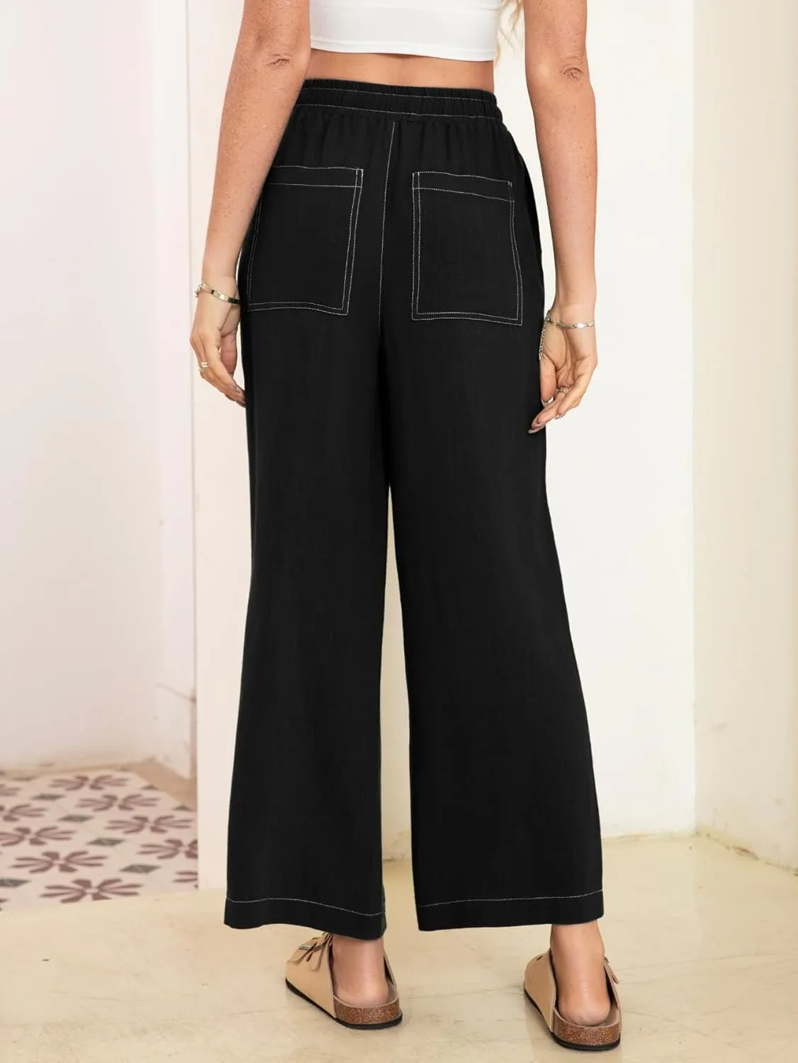 Simplee Women's Wide Leg Palazzo Pants High Waisted Boho Casual Drawstring Linen Pants Trousers with Pockets