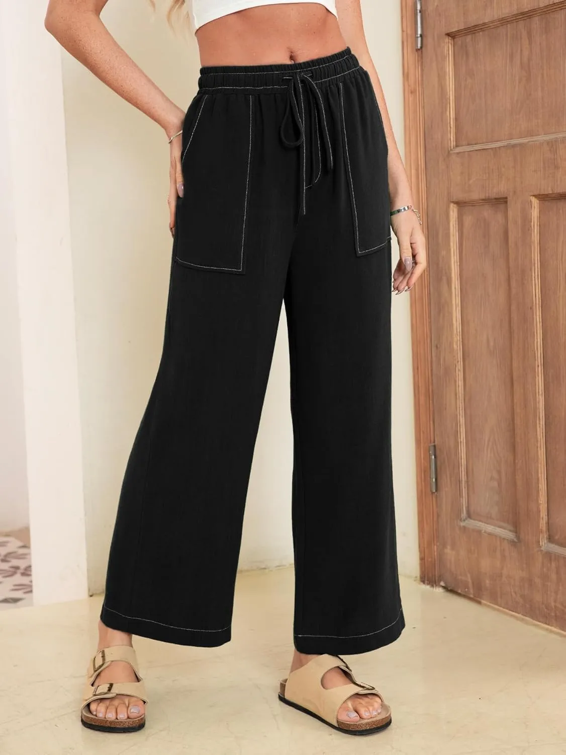 Simplee Women's Wide Leg Palazzo Pants High Waisted Boho Casual Drawstring Linen Pants Trousers with Pockets
