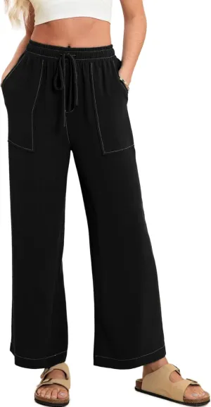 Simplee Women's Wide Leg Palazzo Pants High Waisted Boho Casual Drawstring Linen Pants Trousers with Pockets