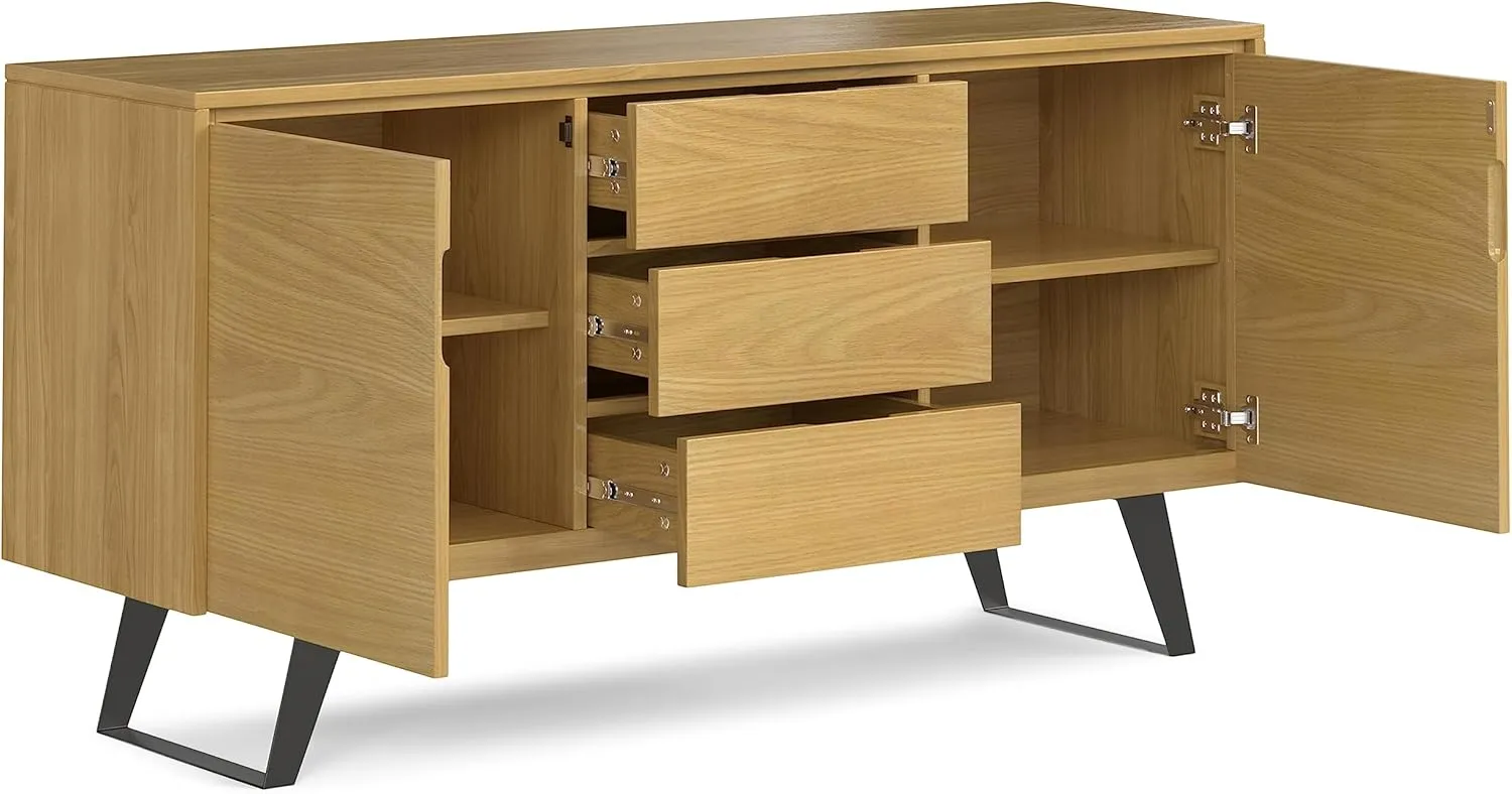 SIMPLIHOME Lowry 60 inch x 17 inch Rectangle Modern Industrial Sideboard Buffet in Oak Veneer for the Dining Room and Kitchen