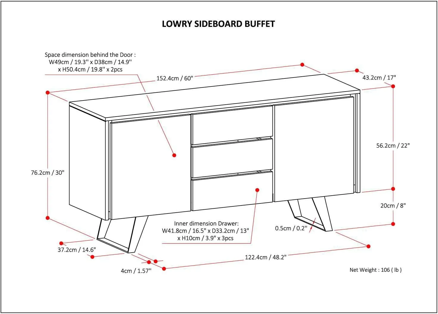 SIMPLIHOME Lowry 60 inch x 17 inch Rectangle Modern Industrial Sideboard Buffet in Oak Veneer for the Dining Room and Kitchen