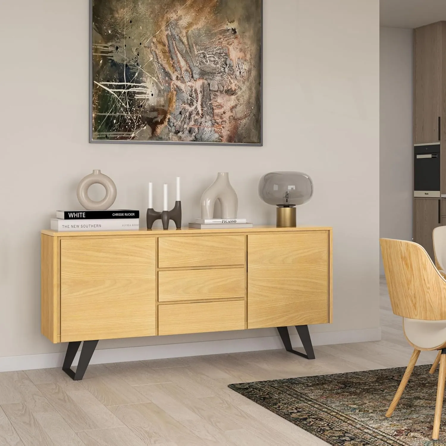 SIMPLIHOME Lowry 60 inch x 17 inch Rectangle Modern Industrial Sideboard Buffet in Oak Veneer for the Dining Room and Kitchen