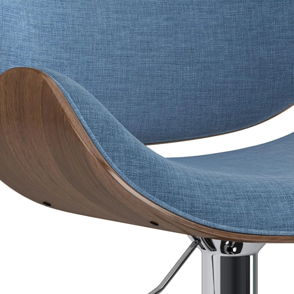 SIMPLIHOME Marana Adjustable Swivel Bar Stool - 33 inch Seat Height Upholstered Metal Bar Chair in Blue Linen Look Fabric, Mid Century Seating for Kitchen or Bar with Curved Bentwood Back