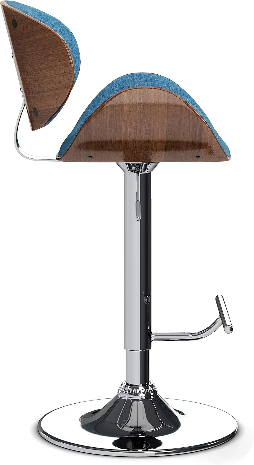 SIMPLIHOME Marana Adjustable Swivel Bar Stool - 33 inch Seat Height Upholstered Metal Bar Chair in Blue Linen Look Fabric, Mid Century Seating for Kitchen or Bar with Curved Bentwood Back
