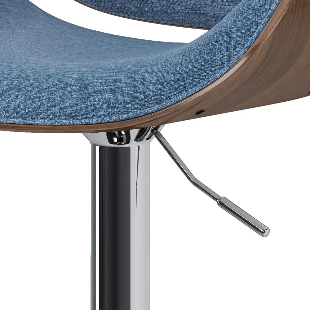 SIMPLIHOME Marana Adjustable Swivel Bar Stool - 33 inch Seat Height Upholstered Metal Bar Chair in Blue Linen Look Fabric, Mid Century Seating for Kitchen or Bar with Curved Bentwood Back