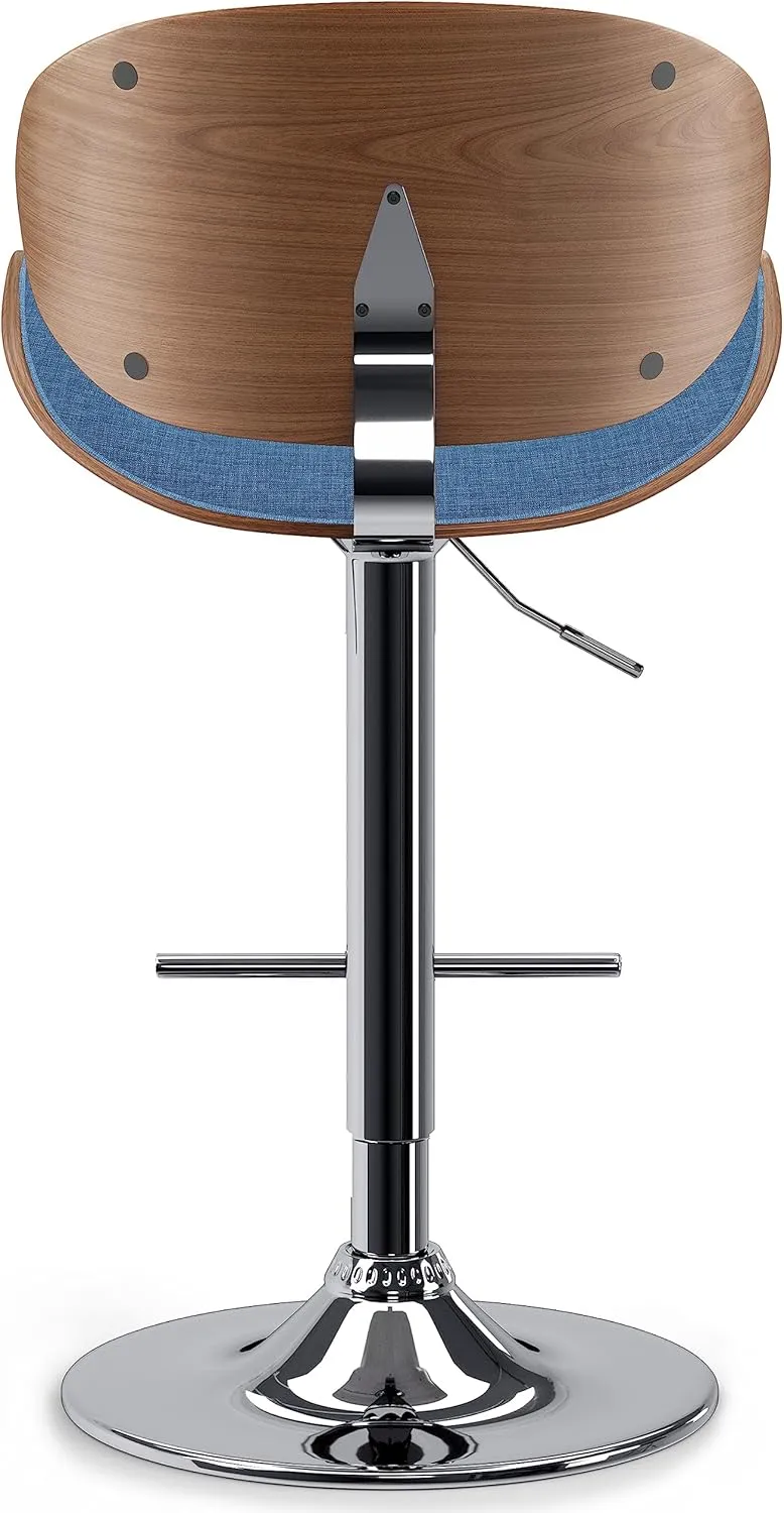 SIMPLIHOME Marana Adjustable Swivel Bar Stool - 33 inch Seat Height Upholstered Metal Bar Chair in Blue Linen Look Fabric, Mid Century Seating for Kitchen or Bar with Curved Bentwood Back