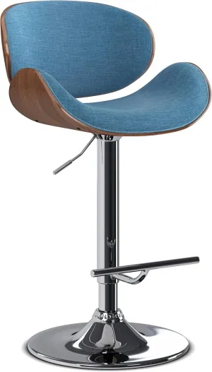 SIMPLIHOME Marana Adjustable Swivel Bar Stool - 33 inch Seat Height Upholstered Metal Bar Chair in Blue Linen Look Fabric, Mid Century Seating for Kitchen or Bar with Curved Bentwood Back