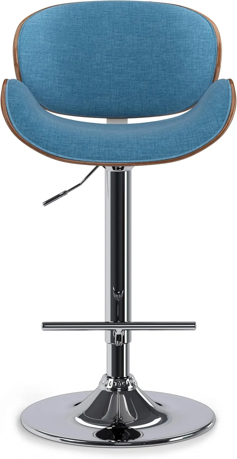 SIMPLIHOME Marana Adjustable Swivel Bar Stool - 33 inch Seat Height Upholstered Metal Bar Chair in Blue Linen Look Fabric, Mid Century Seating for Kitchen or Bar with Curved Bentwood Back