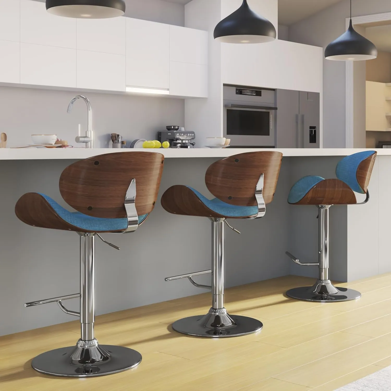 SIMPLIHOME Marana Adjustable Swivel Bar Stool - 33 inch Seat Height Upholstered Metal Bar Chair in Blue Linen Look Fabric, Mid Century Seating for Kitchen or Bar with Curved Bentwood Back