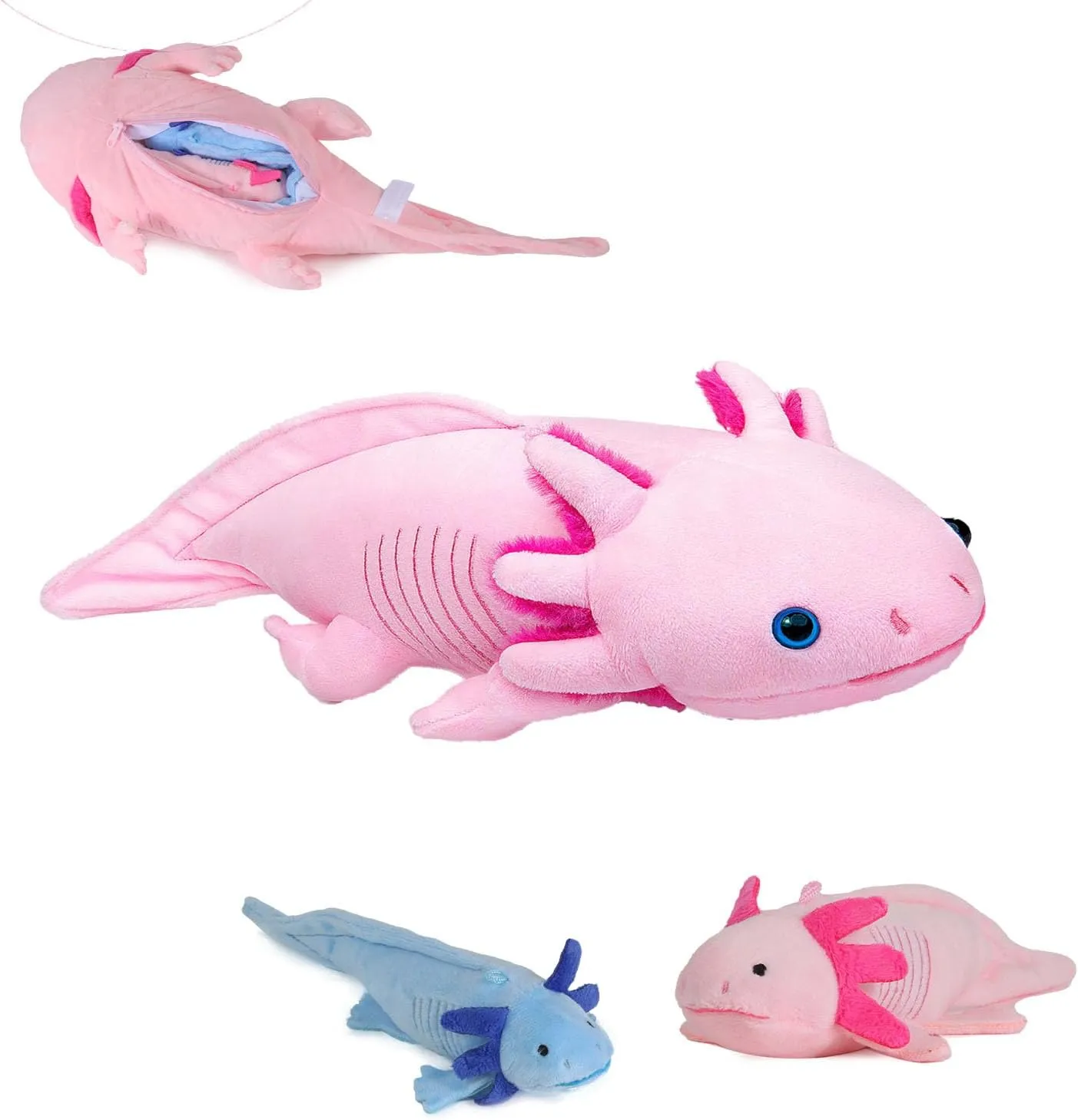 Simulation Pink Axolotl Plush Toy, Axolotl Stuffed Animal Plush Soft Zippered Blue Axolotl Set, for Kids Gift, Adorable Room Decor…