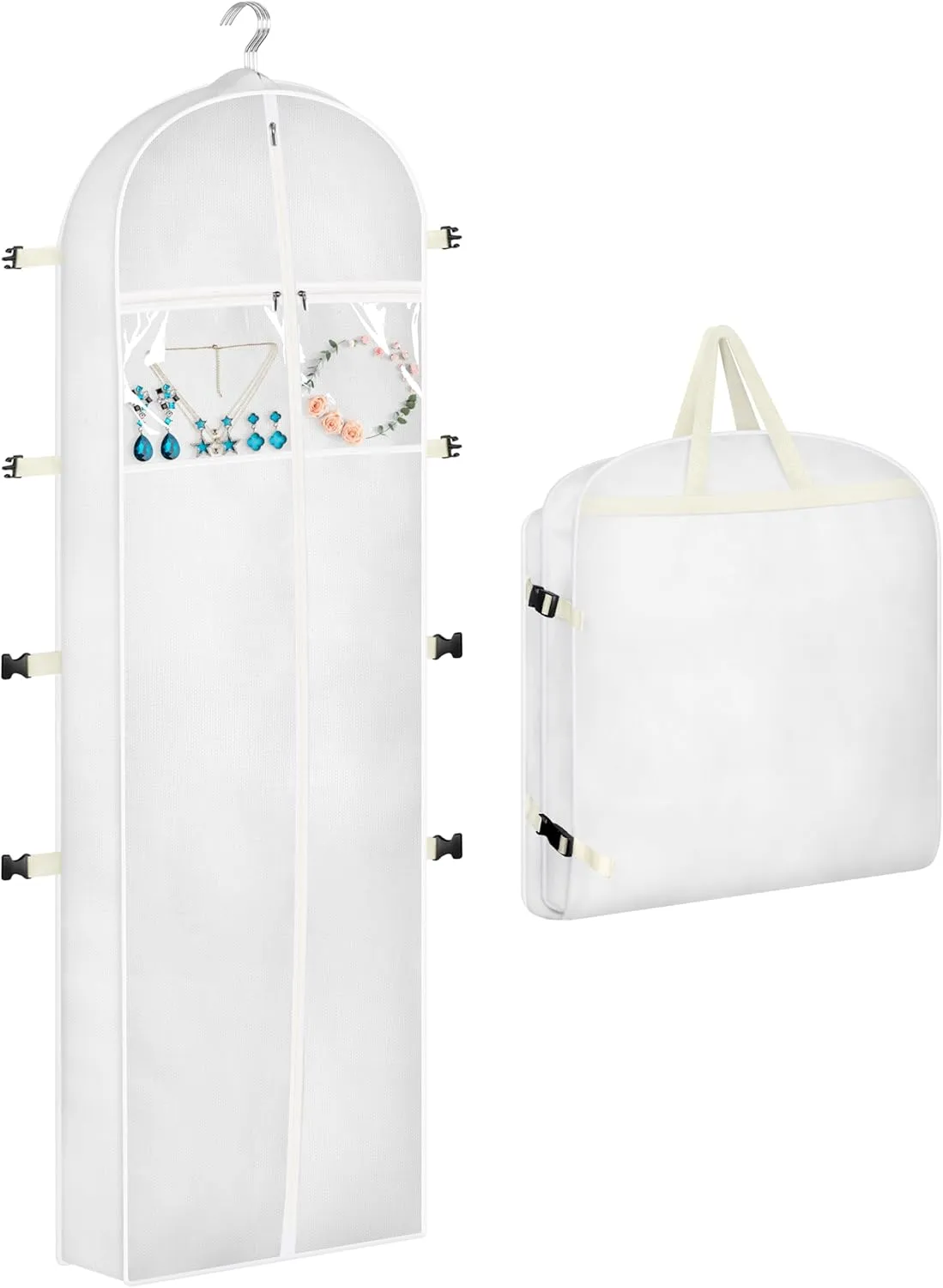 SLEEPING LAMB 70" Wedding Dress Garment Bag, Bridal Travel Dress Bags for Gwons with Adjustable Buckles And Accessory Pockets Dress Cover for Prom Evening Gown, Long Dress Storage, White