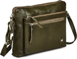 Small Soft Pebbled Real Leather Crossbody Handbags & Purses - Triple Zip Premium Sling Crossover Shoulder Bag for Women pack of 2- Mustard & olive