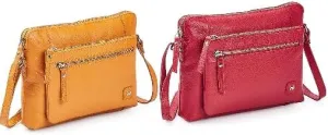 Small Soft Pebbled Real Leather Crossbody Handbags & Purses - Triple Zip Premium Sling Crossover Shoulder Bag for Women pack of 2 - Mustard & RED color