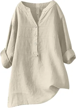 SMIDOW Linen Tops for Women Summer Plus Size Button Down Cotton Linen Shirts Long Sleeve v Neck Loose Comfy Blouse 2023