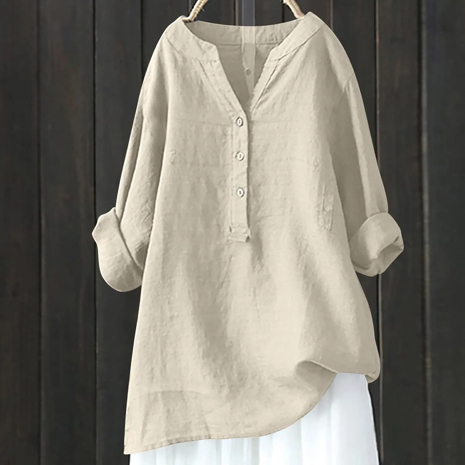SMIDOW Linen Tops for Women Summer Plus Size Button Down Cotton Linen Shirts Long Sleeve v Neck Loose Comfy Blouse 2023