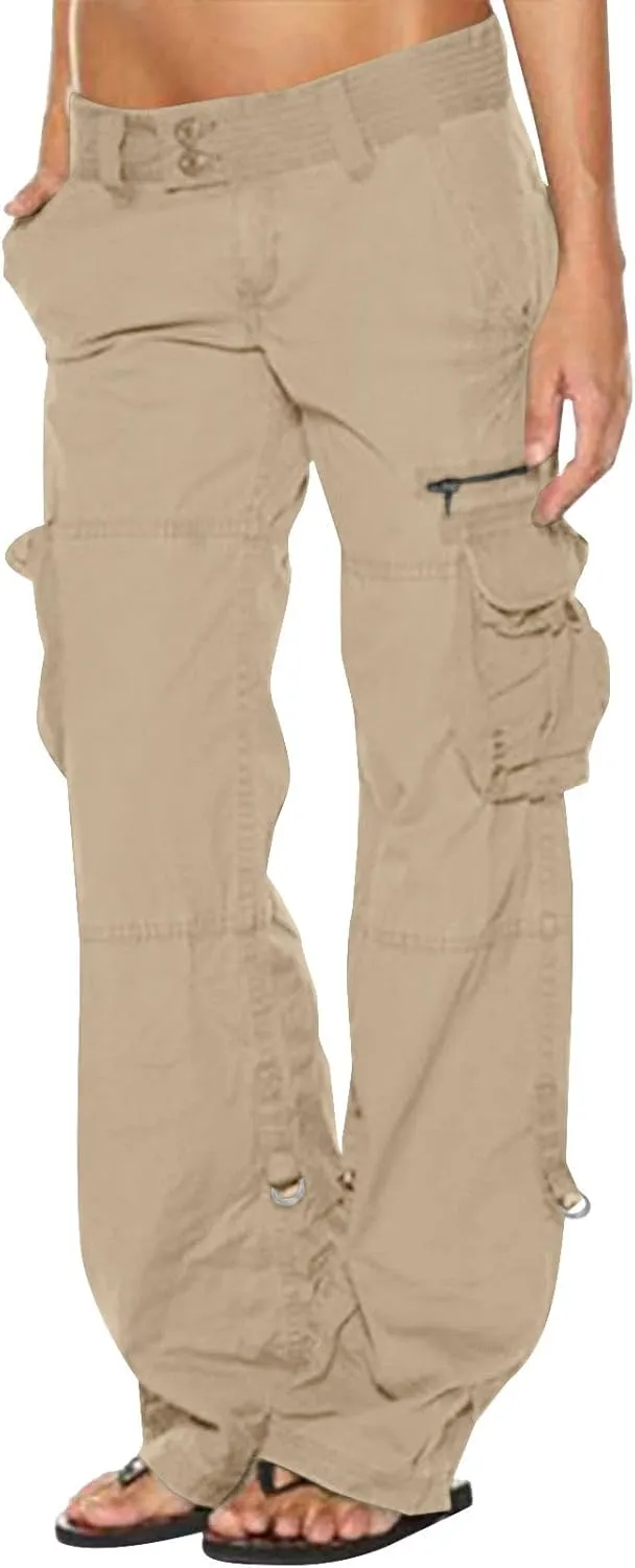SMIDOW Low Rise Cargo Pants for Women Plus Size Baggy Stretchy Wide Leg Pants Pockets Y2K Streetwear Combat Military Trousers