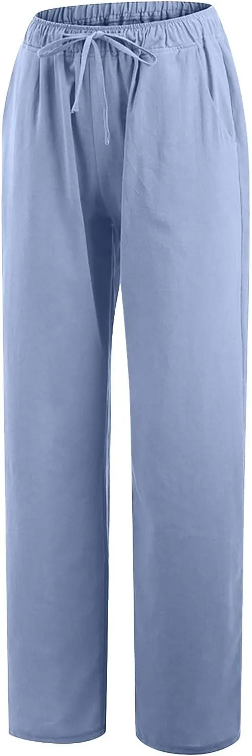 SMIDOW Summer Pants for Women 2023 Cotton Linen Elastic Waist Drawstring Wide Leg Ankle Length Lounge Pant with Pockets