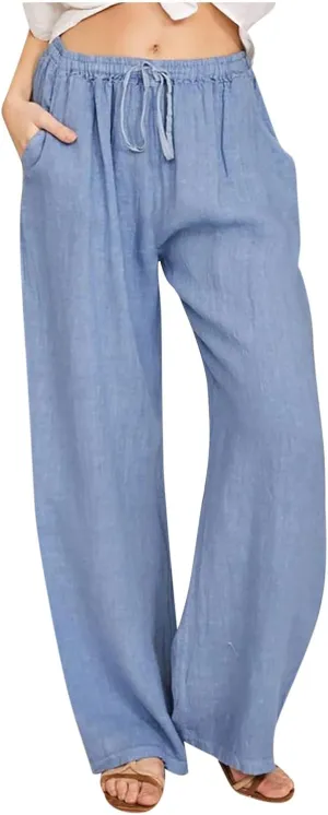 SMIDOW Summer Pants for Women 2023 Cotton Linen Elastic Waist Drawstring Wide Leg Ankle Length Lounge Pant with Pockets