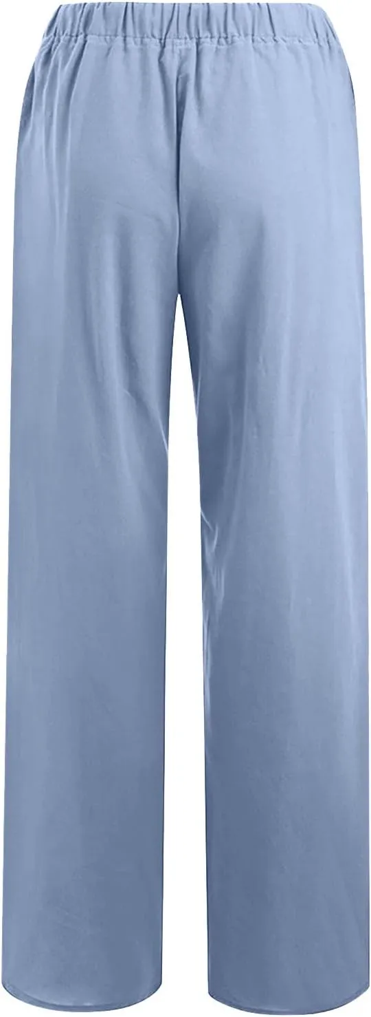 SMIDOW Summer Pants for Women 2023 Cotton Linen Elastic Waist Drawstring Wide Leg Ankle Length Lounge Pant with Pockets