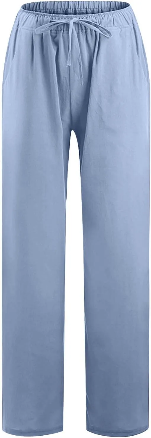 SMIDOW Summer Pants for Women 2023 Cotton Linen Elastic Waist Drawstring Wide Leg Ankle Length Lounge Pant with Pockets