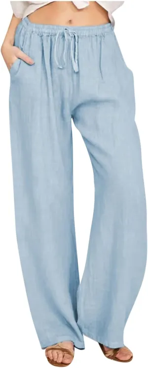 SMIDOW Summer Pants for Women 2023 Cotton Linen Elastic Waist Drawstring Wide Leg Ankle Length Lounge Pant with Pockets