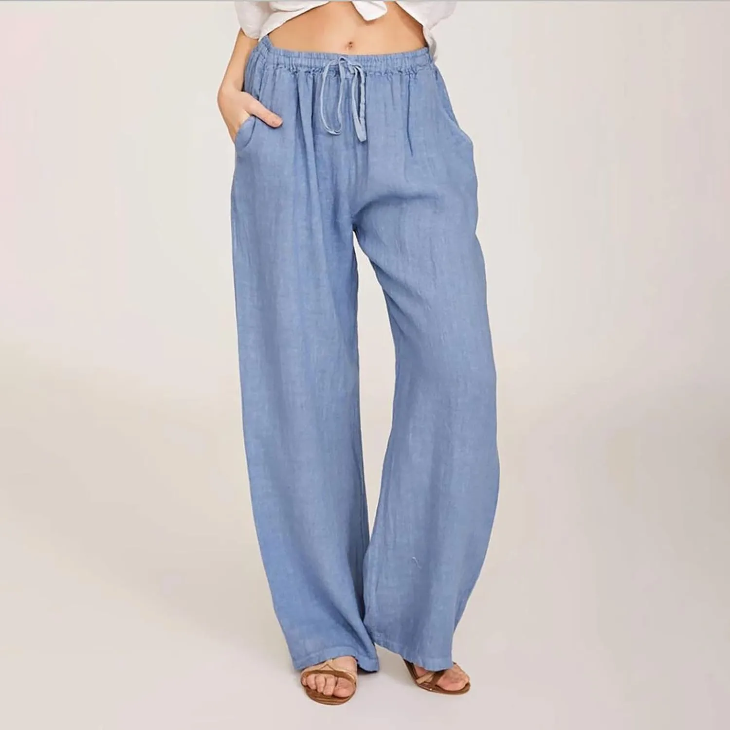 SMIDOW Summer Pants for Women 2023 Cotton Linen Elastic Waist Drawstring Wide Leg Ankle Length Lounge Pant with Pockets