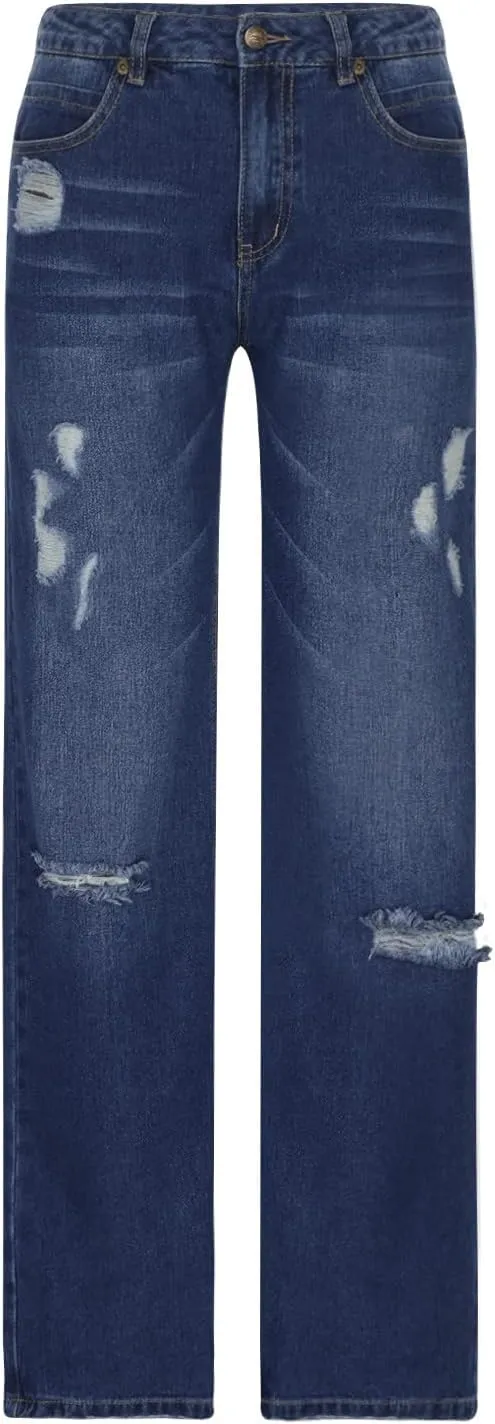 SMIDOW Women Stacked Pants Ripped Jeans Boyfriend Distressed Baggy Cargo Straight Leg Pants