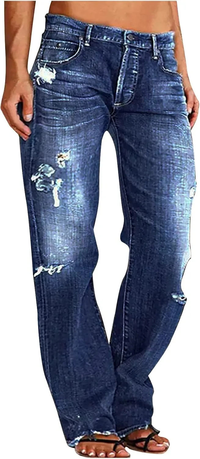 SMIDOW Women Stacked Pants Ripped Jeans Boyfriend Distressed Baggy Cargo Straight Leg Pants