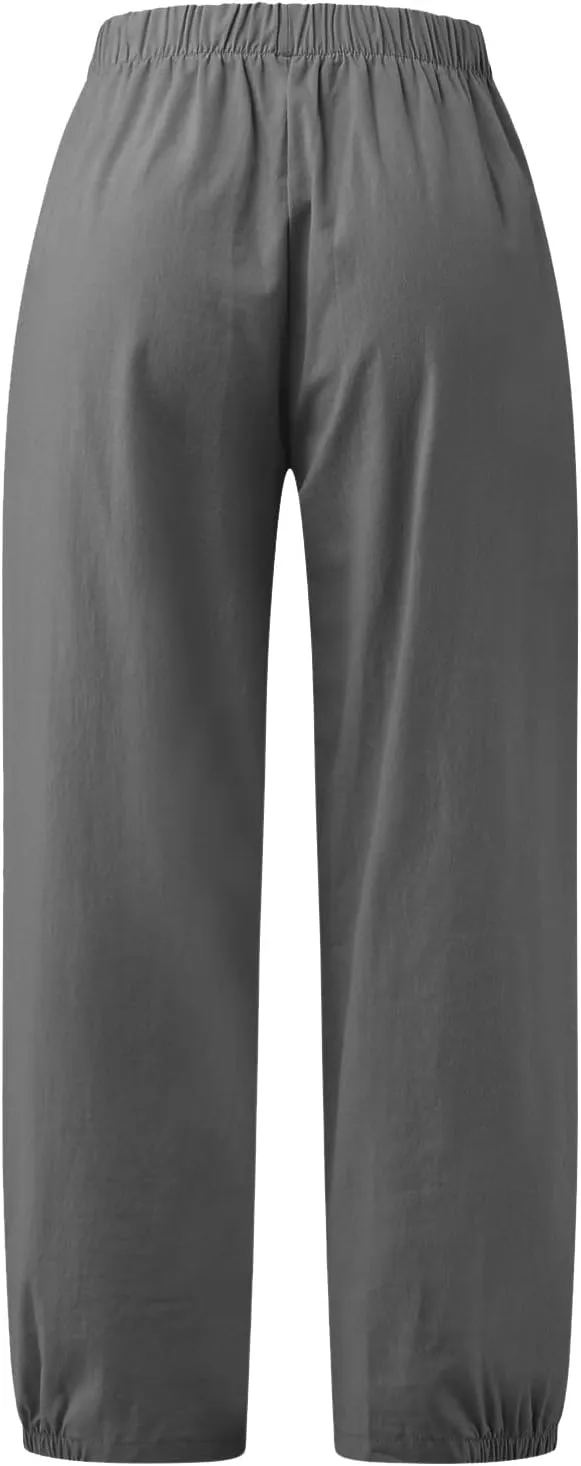 SMIDOW Womens Cotton and Linen Pants Drawstring High Waisted Wide Leg Pant Casual Loose Cropped Trousers with Pockets
