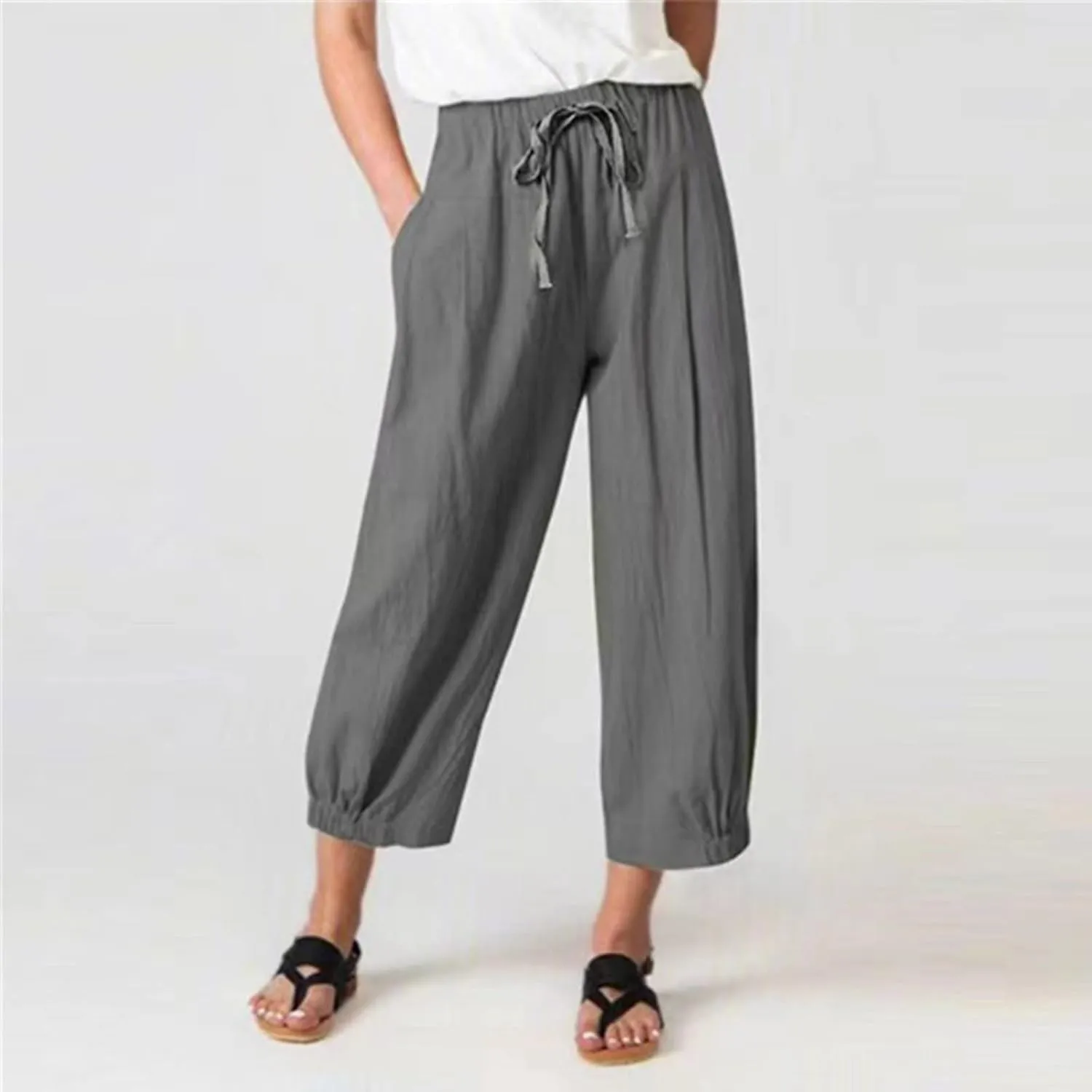 SMIDOW Womens Cotton and Linen Pants Drawstring High Waisted Wide Leg Pant Casual Loose Cropped Trousers with Pockets