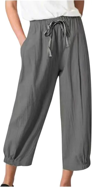 SMIDOW Womens Cotton and Linen Pants Drawstring High Waisted Wide Leg Pant Casual Loose Cropped Trousers with Pockets