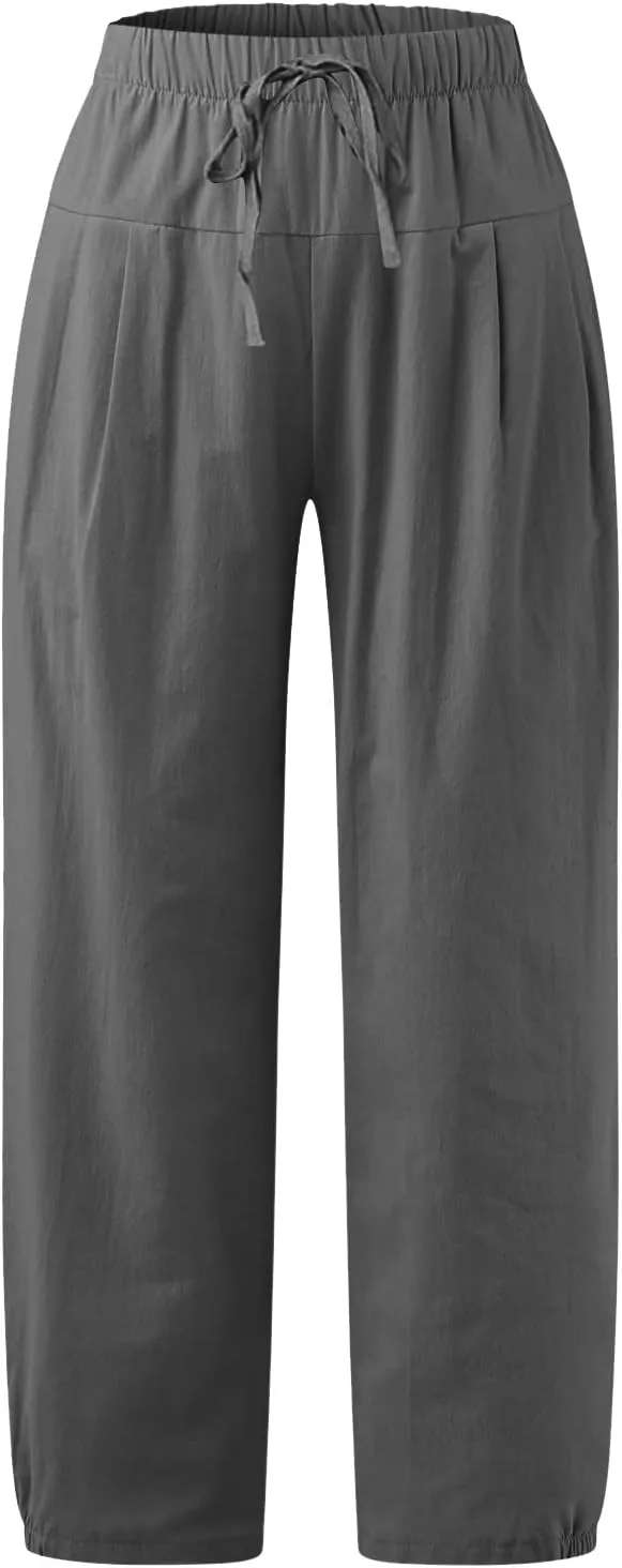 SMIDOW Womens Cotton and Linen Pants Drawstring High Waisted Wide Leg Pant Casual Loose Cropped Trousers with Pockets